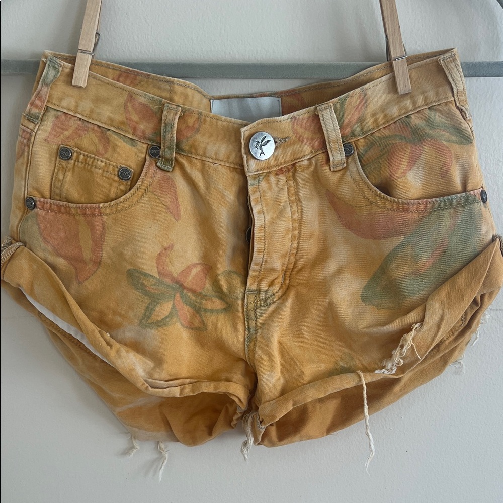 One Teaspoon Floral Print Yellow Jean Shorts